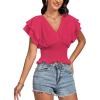 imageLYANER Womens V Neck Shirred Elastic Waist Layer Ruffle Trim Short Sleeve Crop Blouse Shirt TopRose