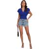 imageLYANER Womens V Neck Shirred Elastic Waist Layer Ruffle Trim Short Sleeve Crop Blouse Shirt TopRoyal Blue