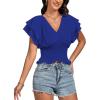 imageLYANER Womens V Neck Shirred Elastic Waist Layer Ruffle Trim Short Sleeve Crop Blouse Shirt TopRoyal Blue