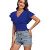 imageLYANER Womens V Neck Shirred Elastic Waist Layer Ruffle Trim Short Sleeve Crop Blouse Shirt TopRoyal Blue