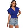 imageLYANER Womens V Neck Shirred Elastic Waist Layer Ruffle Trim Short Sleeve Crop Blouse Shirt TopRoyal Blue