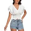 imageLYANER Womens V Neck Shirred Elastic Waist Layer Ruffle Trim Short Sleeve Crop Blouse Shirt TopWhite