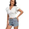 imageLYANER Womens V Neck Shirred Elastic Waist Layer Ruffle Trim Short Sleeve Crop Blouse Shirt TopWhite