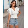 imageLYANER Womens V Neck Shirred Elastic Waist Layer Ruffle Trim Short Sleeve Crop Blouse Shirt TopWhite