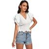 imageLYANER Womens V Neck Shirred Elastic Waist Layer Ruffle Trim Short Sleeve Crop Blouse Shirt TopWhite