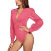 imageLYANER Womens Deep V Neck Pleated Ruched Sheer Puff Long Sleeve Bodysuit Leotard TopCoral Pink