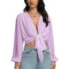 imageLYANER Womens Deep V Neck Tie Knot Front Long Sleeve Sexy Wrap Cover Ups Crop Top Blouse Light Purple XLarge