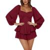 imageLYANER Womens Jumpsuit Lantern Long Sleeve Ruffle Layer Tie Mini Short RomperWine Red