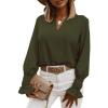 imageLYANER Womens V Neck Shirred Bell Long Sleeve Blouse Casual Tunic TopArmy Green