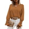 imageLYANER Womens V Neck Shirred Bell Long Sleeve Blouse Casual Tunic TopBrown