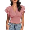 imageLYANER Womens V Neck Shirred Elastic Waist Layer Ruffle Trim Short Sleeve Crop Blouse Shirt TopDusty Pink