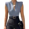 imageLYANER Womens Wraped V Neck Ruched Sleeveless Tank Leotard Bodysuit TopDusty Blue