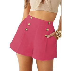 imageLYANER Womens Casual High Waisted Button Front Ruched Wide Leg Shorts Pants with PocketRose Red