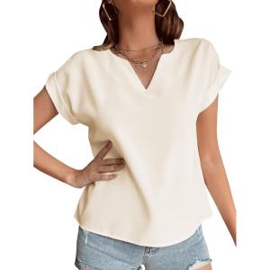 imageLYANER Womens Casual Notched V Neck Rolled Short Sleeve Work Blouse TShirt TopBeige