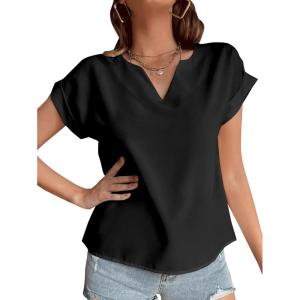 imageLYANER Womens Casual Notched V Neck Rolled Short Sleeve Work Blouse TShirt TopBlack