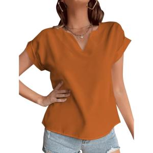 imageLYANER Womens Casual Notched V Neck Rolled Short Sleeve Work Blouse TShirt TopCaramel