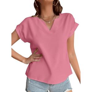 imageLYANER Womens Casual Notched V Neck Rolled Short Sleeve Work Blouse TShirt TopDark Pink
