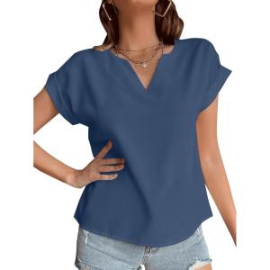imageLYANER Womens Casual Notched V Neck Rolled Short Sleeve Work Blouse TShirt TopDusty Blue
