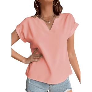 imageLYANER Womens Casual Notched V Neck Rolled Short Sleeve Work Blouse TShirt TopDusty Pink