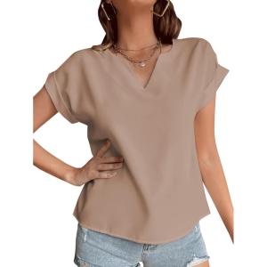 imageLYANER Womens Casual Notched V Neck Rolled Short Sleeve Work Blouse TShirt TopKhaki