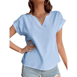 imageLYANER Womens Casual Notched V Neck Rolled Short Sleeve Work Blouse TShirt TopLight Blue