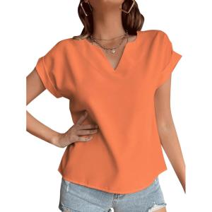 imageLYANER Womens Casual Notched V Neck Rolled Short Sleeve Work Blouse TShirt TopLight Orange