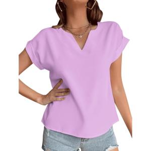 imageLYANER Womens Casual Notched V Neck Rolled Short Sleeve Work Blouse TShirt TopLight Purple