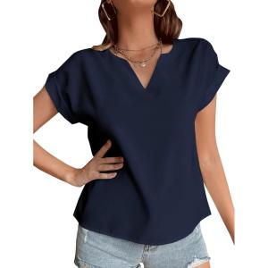 imageLYANER Womens Casual Notched V Neck Rolled Short Sleeve Work Blouse TShirt TopNavy