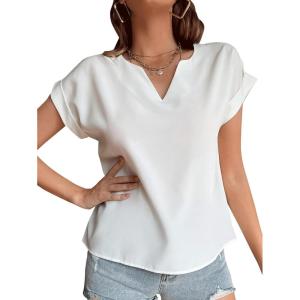 imageLYANER Womens Casual Notched V Neck Rolled Short Sleeve Work Blouse TShirt TopWhite