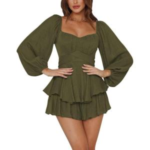imageLYANER Womens Jumpsuit Lantern Long Sleeve Ruffle Layer Tie Mini Short RomperArmy Green