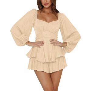 imageLYANER Womens Jumpsuit Lantern Long Sleeve Ruffle Layer Tie Mini Short RomperBeige
