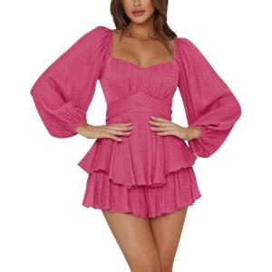 imageLYANER Womens Jumpsuit Lantern Long Sleeve Ruffle Layer Tie Mini Short RomperBright Rose