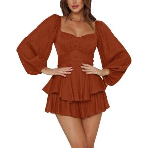 imageLYANER Womens Jumpsuit Lantern Long Sleeve Ruffle Layer Tie Mini Short RomperCaramel