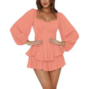 imageLYANER Womens Jumpsuit Lantern Long Sleeve Ruffle Layer Tie Mini Short RomperCoral Pink