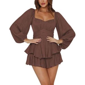 imageLYANER Womens Jumpsuit Lantern Long Sleeve Ruffle Layer Tie Mini Short RomperDark Brown