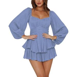 imageLYANER Womens Jumpsuit Lantern Long Sleeve Ruffle Layer Tie Mini Short RomperDusty Blue