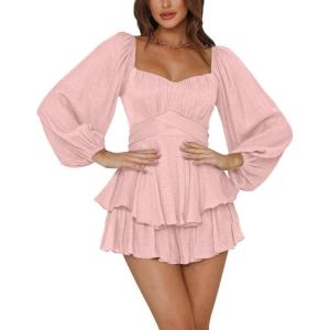 imageLYANER Womens Jumpsuit Lantern Long Sleeve Ruffle Layer Tie Mini Short RomperDusty Pink