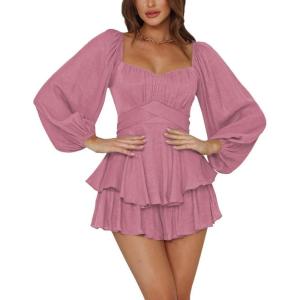 imageLYANER Womens Jumpsuit Lantern Long Sleeve Ruffle Layer Tie Mini Short RomperDusty Purple
