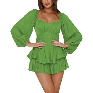 imageLYANER Womens Jumpsuit Lantern Long Sleeve Ruffle Layer Tie Mini Short RomperGrass Green