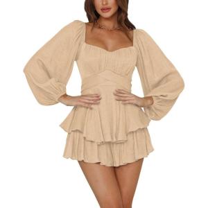 imageLYANER Womens Jumpsuit Lantern Long Sleeve Ruffle Layer Tie Mini Short RomperKhaki