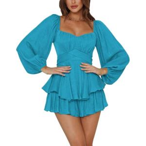 imageLYANER Womens Jumpsuit Lantern Long Sleeve Ruffle Layer Tie Mini Short RomperLake Blue
