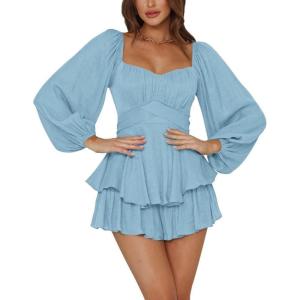 imageLYANER Womens Jumpsuit Lantern Long Sleeve Ruffle Layer Tie Mini Short RomperLight Blue