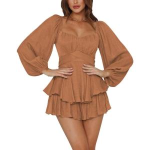 imageLYANER Womens Jumpsuit Lantern Long Sleeve Ruffle Layer Tie Mini Short RomperLight Brown