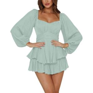 imageLYANER Womens Jumpsuit Lantern Long Sleeve Ruffle Layer Tie Mini Short RomperLight Green