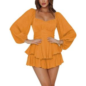 imageLYANER Womens Jumpsuit Lantern Long Sleeve Ruffle Layer Tie Mini Short RomperOrange