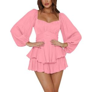 imageLYANER Womens Jumpsuit Lantern Long Sleeve Ruffle Layer Tie Mini Short RomperPink