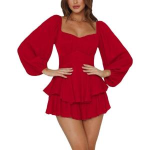 imageLYANER Womens Jumpsuit Lantern Long Sleeve Ruffle Layer Tie Mini Short RomperRed