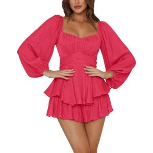 imageLYANER Womens Jumpsuit Lantern Long Sleeve Ruffle Layer Tie Mini Short RomperRose Red