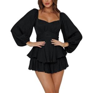 imageLYANER Womens Jumpsuit Lantern Long Sleeve Ruffle Layer Tie Mini Short RomperSolid Black