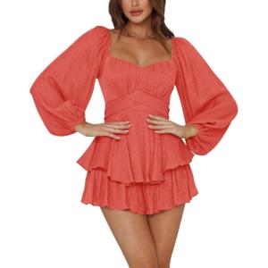 imageLYANER Womens Jumpsuit Lantern Long Sleeve Ruffle Layer Tie Mini Short RomperWatermelon Red